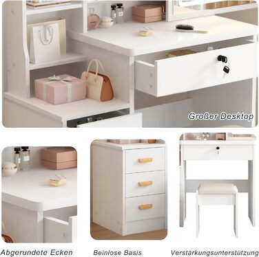 Трюмо YuYe з LED-підсвічуванням, регульованою яскравістю, дзеркалом, пуфом, 5 шухлядами та 3 полицями, сучасний комод для макіяжу з дерева, білий (125)