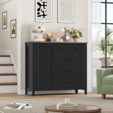 Сайдборд HOCSOK: кухонна шафа з 5 шухлядами та 1 дверцятами, буфет з робочою поверхнею, колір білий+коричневий