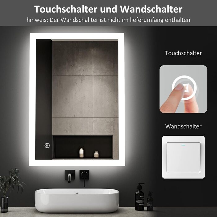 Дзеркало для ванної кімнати Boromal з підсвічуванням 80x60 см, 3 кольори світла, регулювання яскравості, LED, сенсорне керування