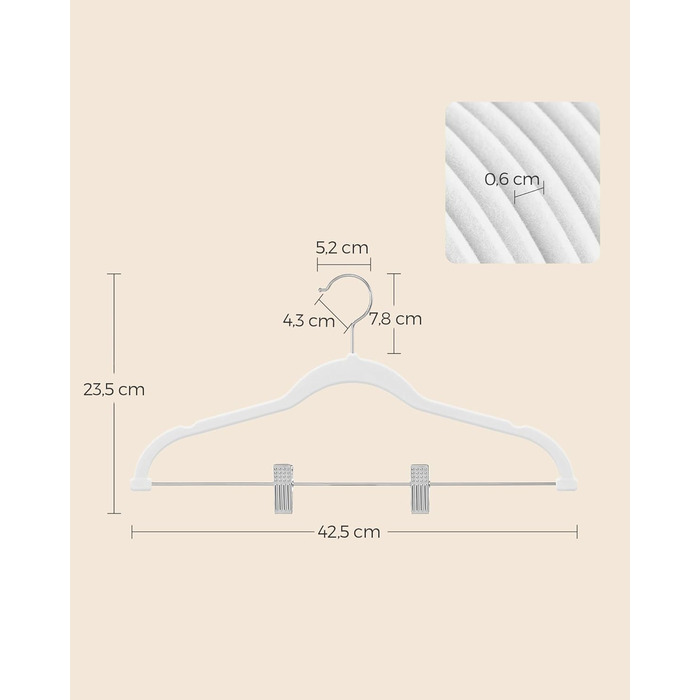 Набір вешалок SONGMICS 20 шт. з оксамитовим покриттям, для штанів, пальто, суконь, 42.5 см, з регульованими кліпсами, антиковзні, економія місця, CRF012B20