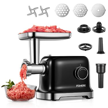 М'ясорубка електрична Fohere 2000 Вт з насадками для ковбас та кубів, 3 диски (3/5/7 мм), чорна
