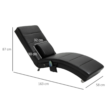 Шкіряний шезлонг HOMCOM з функцією масажу, 58 x 163 x 87 см, до 120 кг, 8 масажних точок, з пультом дистанційного керування Висока подушка для спини, чорний | Аосом