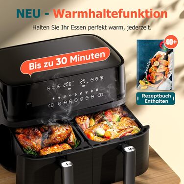 Фритюрниця повітряна 10л, 2 камери, 10-в-1, з цифровим керуванням, таймер, 40 рецептів, для 6-10 осіб