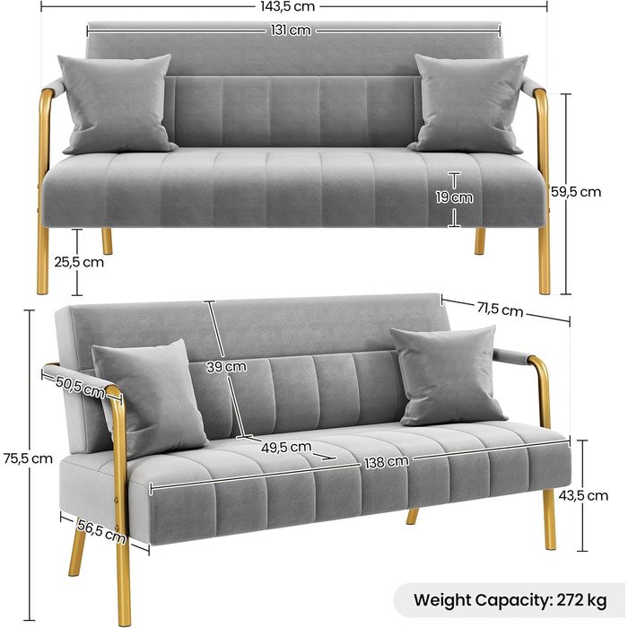 Ягетех Полицьове диван з підлокітниками та металевими ніжками. Сучасний двомісний диван з 2 подушками для попереку. Loveseat для вітальні/спальні, 143,5 см, світло-сірий