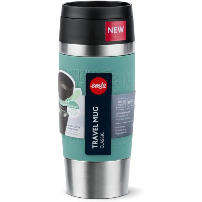 Термокружка Emsa N20210 Travel Mug Classic, 0.36 л, нержавіюча сталь, Petrol | Збереження тепла 4 години, холоду 8 годин | 100% герметична, з невеликим отвором для пиття, придатна для миття в посудомийній машині