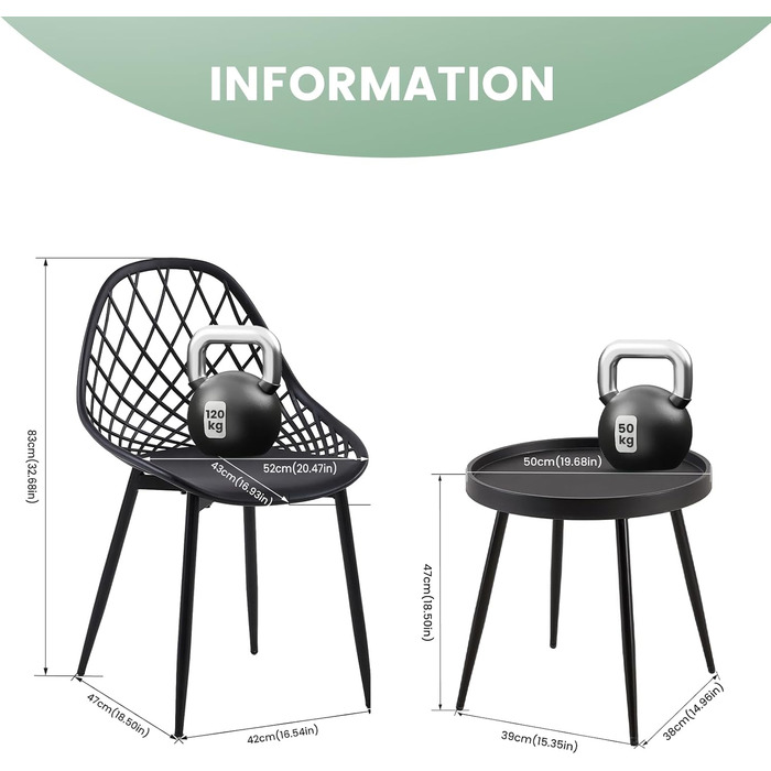 Набір меблів для балкона на 2 особи: стіл та 2 стільці, чорний колір. Регульовані ніжки, підходить для балкона, тераси та саду