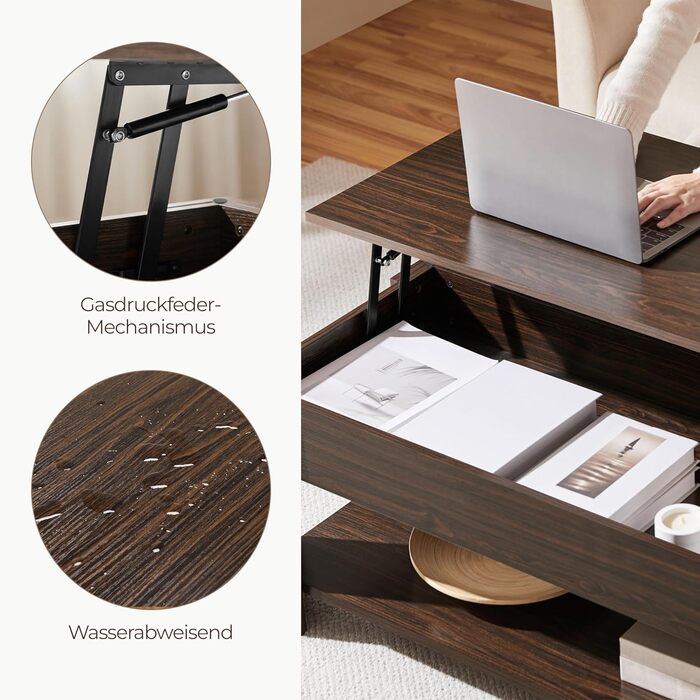 Журнальний столик Yaheetech з регульованою висотою та прихованим місцем для зберігання, 98 x 50 x (42-56) см, колір еспресо