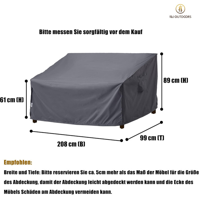 Захисний чохол для саудового дивану F&J Outdoors, водонепроникний, UV-стійкий, сірий, 208x99x89/61 см