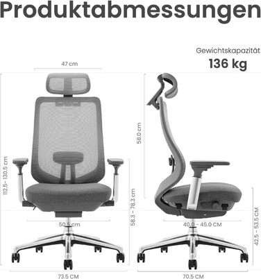 Офісний крісло Colamy XK Atlas з ергономічним дизайном, сітчаста спинка, регульована підголівник, поворотний крісло для комп'ютера з 4D підлокітниками, алюмінієва база, регульоване сидіння, фіксація нахилу, темно-сірий колір