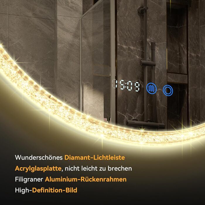 Дзеркало для ванної кімнати YOURLITE з підсвічуванням, діаметр 60 см, LED, 3 кольори, регулювання яскравості, сенсорна кнопка, антизапар, пам'ять, IP44, срібний