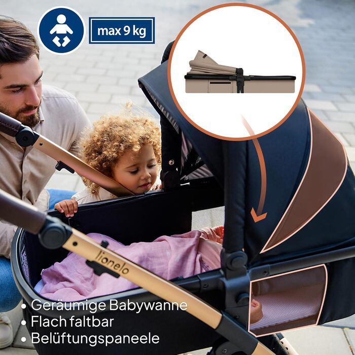 Дитяча коляска Lionelo Amber 3-в-1: люлька, автокрісло i-Size, прогулянковий блок, резина, поворотні колеса, великий капюшон UPF 50+, сумка, москітна сітка, дощовик (Бежево-пісочний)