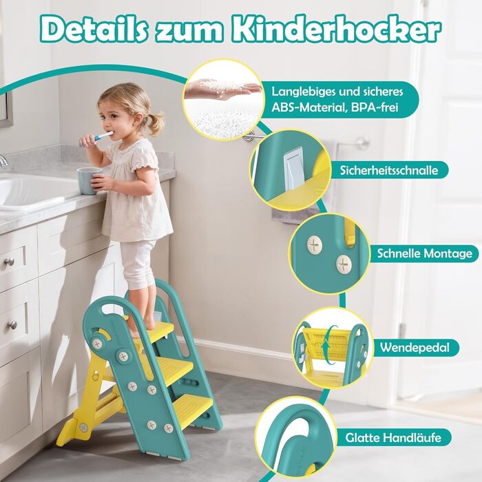 Дитячий підсвічник Onasti Tritthocker Kinder: регульована висота, 3 сходинки, з ручками, складний, анти-кіп та анти-ковзний, для кухні, ванної, раковини та туалету (сірий) сіро-білий (зелений)