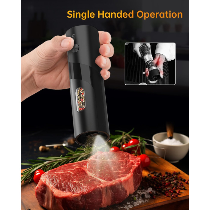 Електричні солі та перечні млини CIRCLE JOY з підставкою, чорні. Набір з LED-підсвіткою, регульована ступінь помелу, 110 мл, нержавіюча сталь