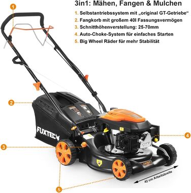 Бензиновий газонокосарка FUXTEC FX-RM4346 3в1 з приводом на задні колеса, ширина косіння 42 см, 146 см³, 40 л, збір трави