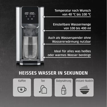 Диспенсер гарячої води CASO HW 630: 2600W, 40-100°C, 7 режимів дозування, 2.5л бак, фільтр, захист від накипу, дитячий режим, нержавіюча сталь