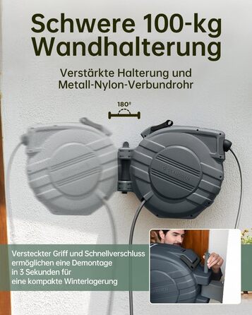 Шланговий барабан GLAHODEN з шлангом для саду 40 м + 2 м, стійкий до сонця та морозу, поворотний на 180°, настінна шланговий бокс з 9-функціональною розпилювальною насадкою (30 м)