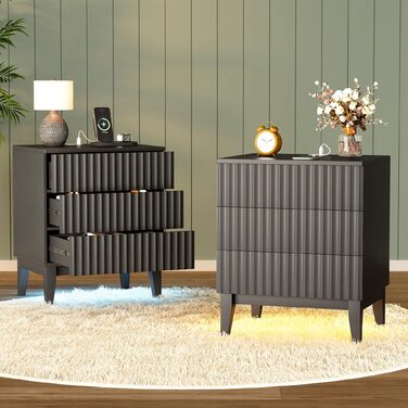 LED тумбочка Gurexl з бездротовою зарядкою та 3 шухлядами, з USB та Type-C, з датчиком руху, чорна