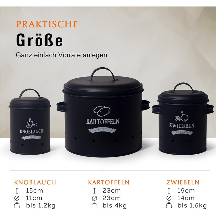 Набір контейнерів для зберігання картоплі Theo&Cleo, ретро дизайн, металевий, для кухні, чорний