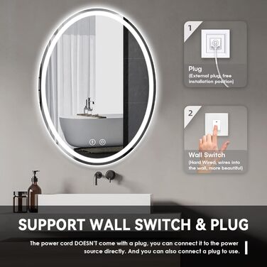 Дзеркало для ванної кімнати Dripex з підсвічуванням LED, сенсорне керування, регулювання яскравості, 3 кольори світла, антизапарник, овальне, 50 x 70 см