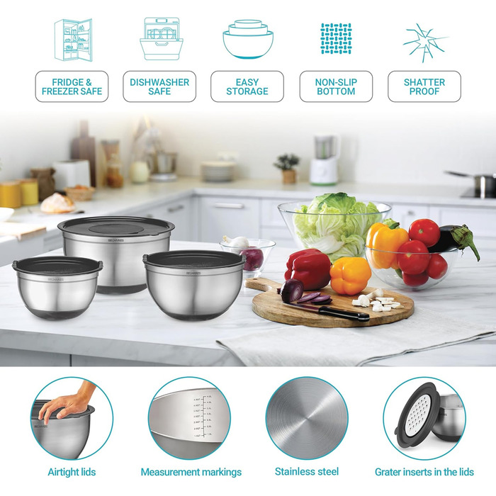 Набір місок для перемішування з кришками 5 шт. - міски для зберігання з герметичними кришками та тертками - містки з нержавіючої сталі з неслизьким покриттям для випічки, зберігання продуктів та приготування (Чорний)