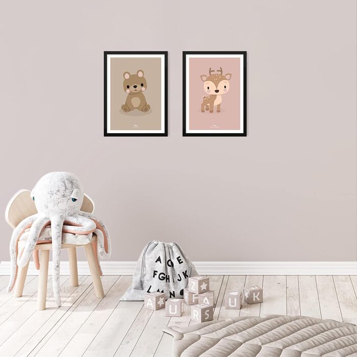 Плакат 50x70 з лісовими тваринами прикраса для дитячих кімнат та дитячих кімнат картини з тваринами для хлопчиків та дівчаток з дерев'яною рамою - (30x40 - рама біла, ведмідь)