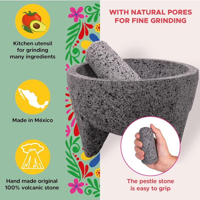Молот для спецій Molcajete 15,2 см, ручної роботи з вулканічного каменю, мексиканський, для приготування соусів, гуакамоле та спецій