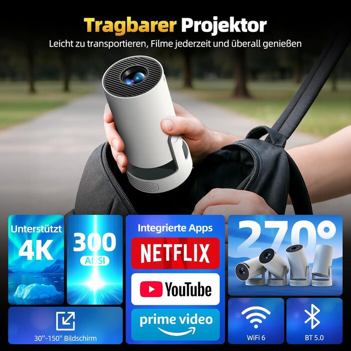 Портативний проєктор PR08A: 4K Smart Beamer з Wi-Fi 6, Bluetooth 5.4, динаміком 5W та Keystone 270° (Android 11, HDMI, TV Stick, Laptop)