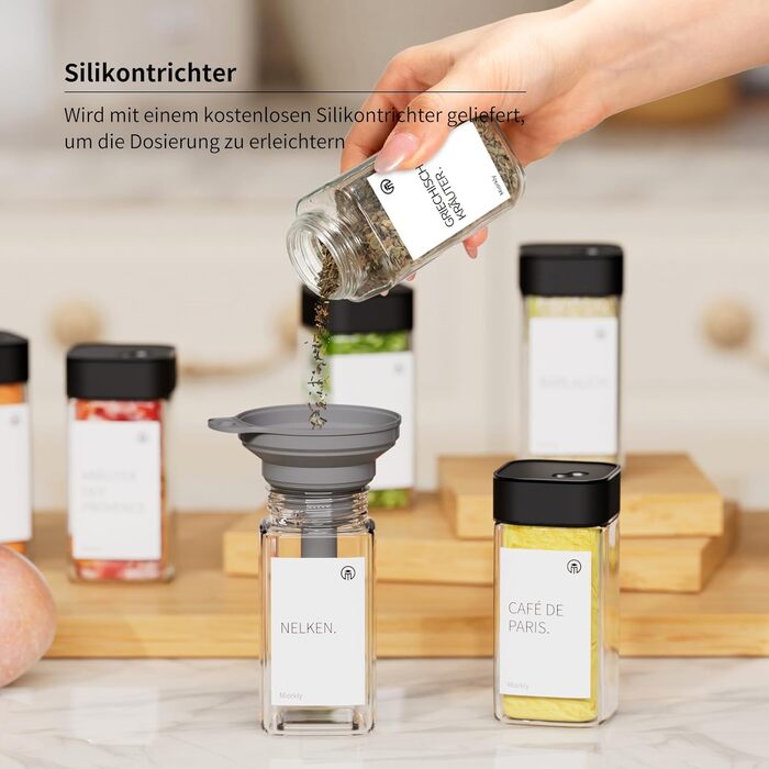 Набір контейнерів для спецій Miorkly - 24 шт. з чорними кришками з нержавіючої сталі, 120 мл, з ситечком, високоякісні, скляний органайзер з воронкою, етикетками та ручкою