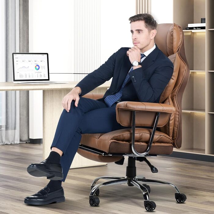 Ергономічне крісло для офісу з висувною підніжкою, регульоване по висоті, велика м'яка спинка, індивідуальна підтримка попереку, крісло для начальника з PU-шкіри, з підніжкою