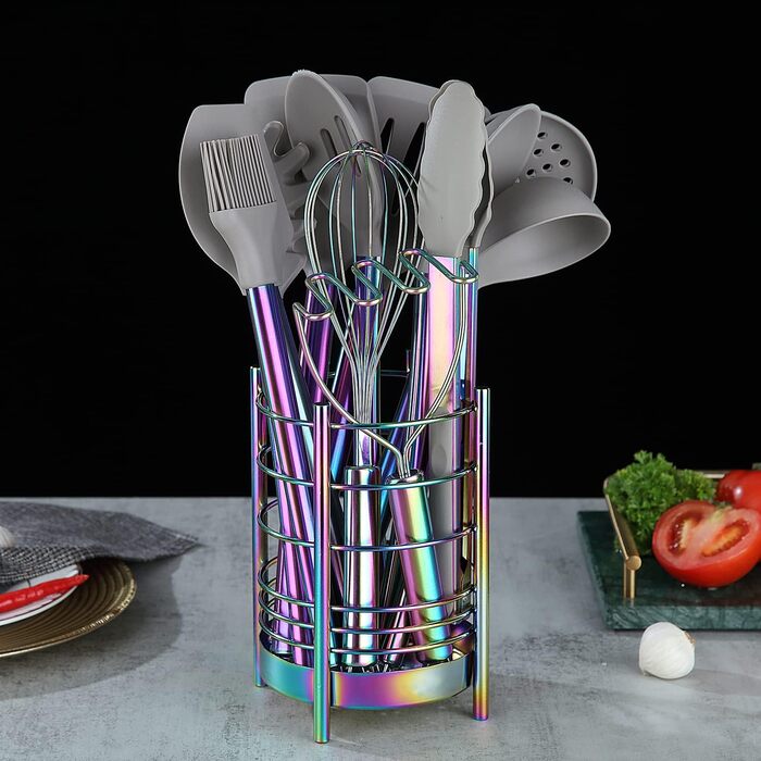 38-ти елементний набір кухонного посуду з силікону з підставкою для інструментів, силіконовими головками та нержавіючою сталею, кухонні аксесуари, набір посуду (сріблястий) (4. Райдуга + посудини для інструментів)