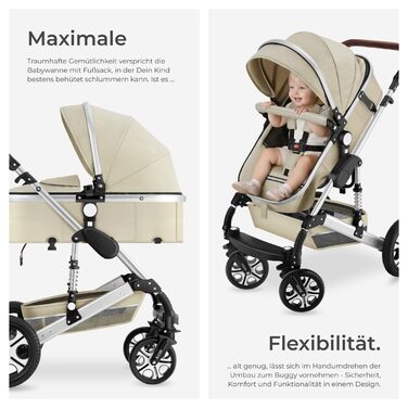 Дитяча коляска Tectake 2 в 1: розкладний візок-ліжко з підніжкою, тримачем для напоїв, люлькою та дощовиком (сірий/бежевий)