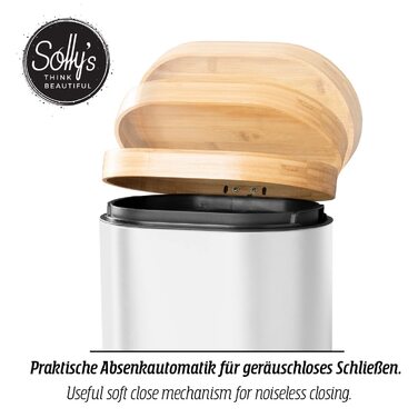 Косметичне відро Sollys об'ємом 3 л з бамбуковою кришкою, педальне відро з автоматичним опусканням для ванної (біле, 6 літрів)