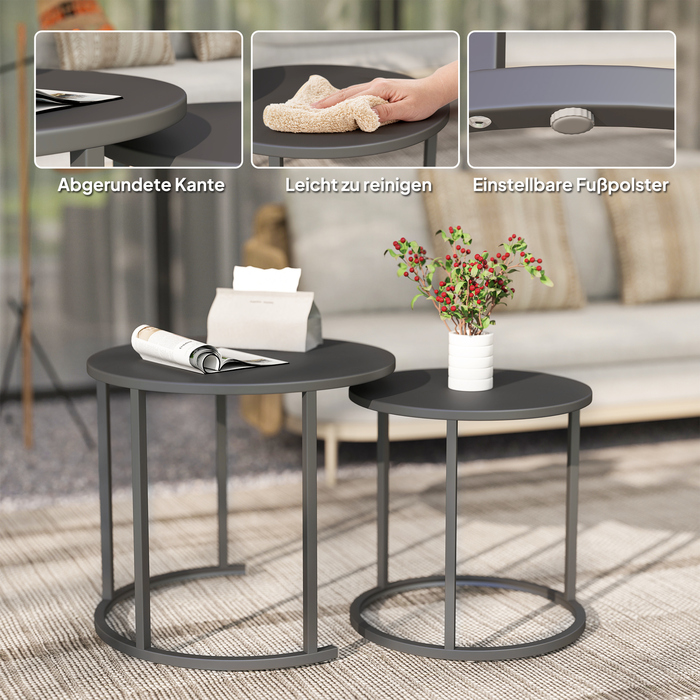Набір з 2 столів-табуреток, розкладних, для саду/балкону, круглі, стійкі до погодних умов, зі сталі, економія місця, темно-сірий