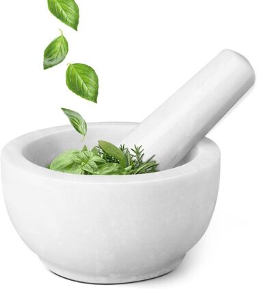 Мраморний ступка з товкачем Flexzion 14 см - набір для спецій, кухонний прилад, білий