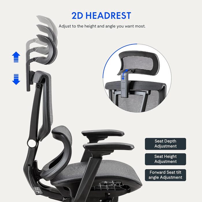 Крісло офісне ErgoX, регульована поперекова підтримка, 4D підлокітники, 2D підголівник, дихаючий матеріал, висота регулюється, до 130 кг