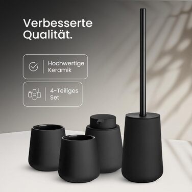 Комплект аксесуарів для ванної кімнати: кераміка преміум-якості, дозатор для мила, 2 склянки, знімна щітка для унітазу - скандинавський дизайн, матовий чорний, 4 шт.