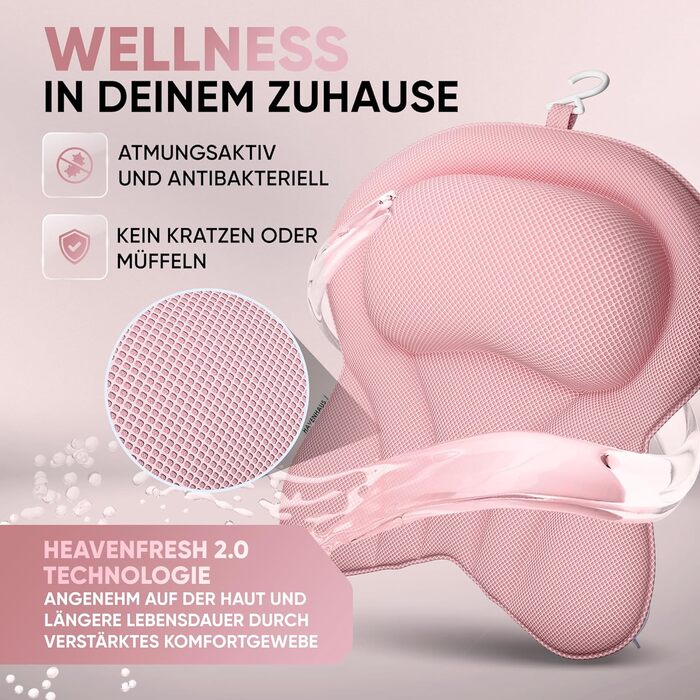 Преміум подушка для ванни XXL рожева | Додаткові подушки для шиї та плечей | Швидковисихаюча, пральна подушка для ванни з 4 великими присосками | Подушка для ванни рожева XX-Large