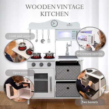 Дерев'яна дитяча кухня Kinderplay з LED та звуками приготування їжі, регульована висота 92–107 см, ігровий набір для дітей від 3 років, повний комплект з аксесуарами, світло-сірий колір (Vintage - White)