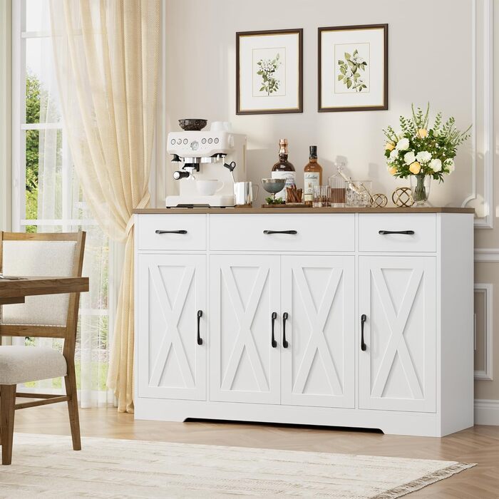 Сервант HOCSOK 140 см: кухонна шафа з 2 регульованими полицями, буфет з 3 висувними ящиками та 4 дверцятами, для вітальні, кухні, передпокою, білий & коричневий