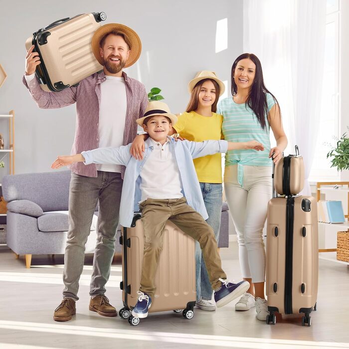 Набір валіз LALAHO 4 шт. з косметичками, з ABS пластику, золотий колір, для подорожей, ручна поклажа