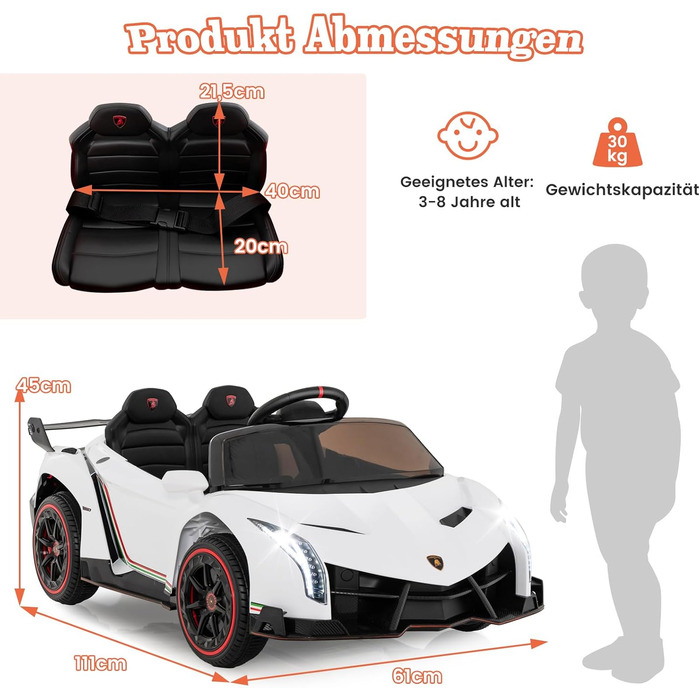 Електромобіль для дітей COSTWAY Lamborghini з пультом, LED фарами, сигналом, музикою, швидкість 3-6 км/год, білий, для дітей від 3 років
