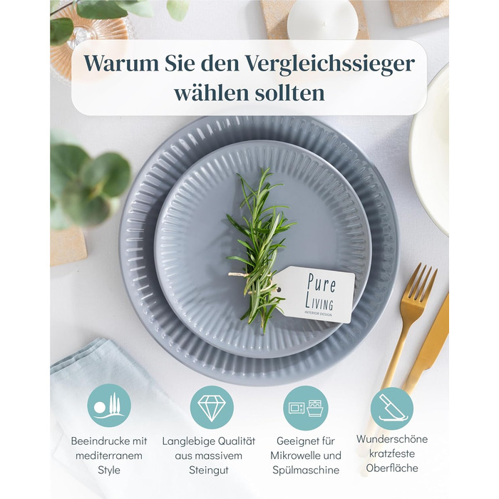 Набір посуду Steingut Hygge 24 елементи (6 осіб), сіро-блакитний колір, преміум якість, комплект посуду для сервірування столу