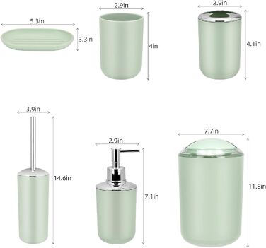 Зелений набір аксесуарів для ванної кімнати з 6 предметів зі відром для сміття, дозатором мила, тримачем для зубних щіток і щіткою для унітазу