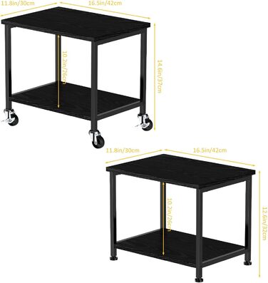 Двоярусний стіл для принтера з роликами, 30x42x37 см, дерев'яний та металевий, мобільний, для офісу та вітальні, чорний