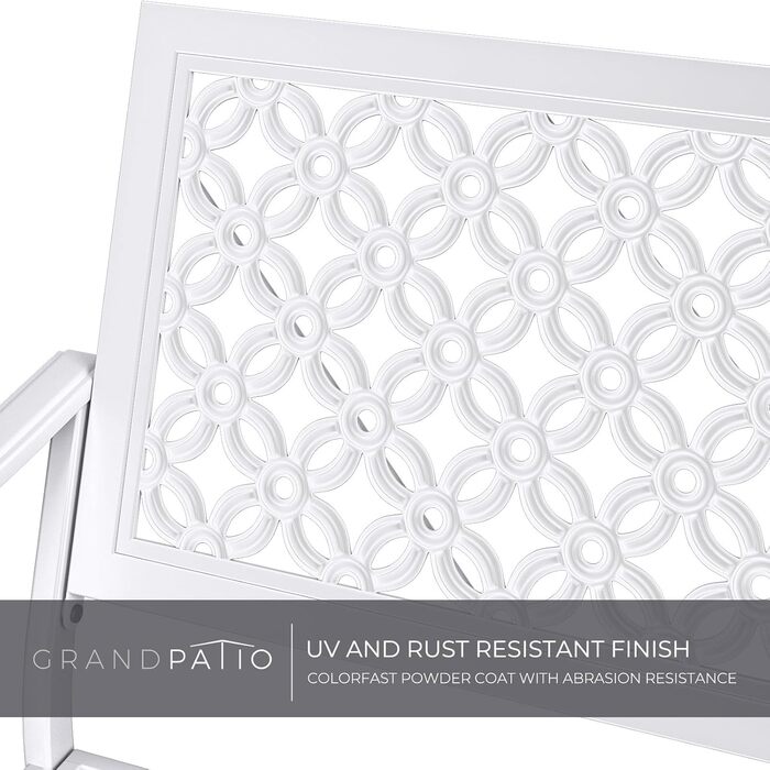 Металева лавка Grand Patio для саду, парку, балкону. Лавка з підлокітниками та спинкою, стиль ретро, міцний метал та чавун, на 2-3 особи. Білий колір, вінтажний стиль.