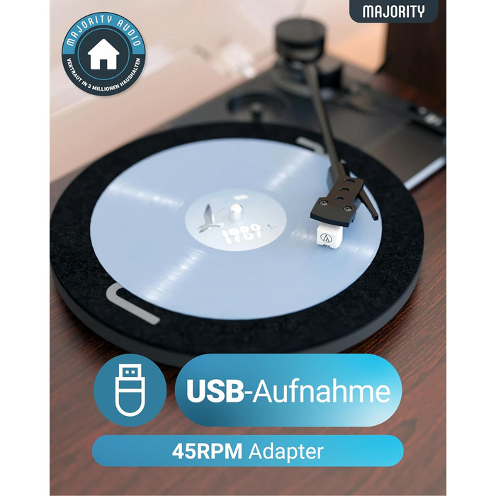 Вініловий програвач Majority Moto Plus з Bluetooth, вбудованими динаміками, USB-записом, касетою преміум-якості, адаптером 45 об/хв та фетровим килимком