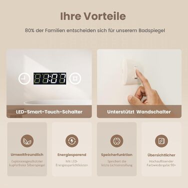 EMKE® Дзеркало для ванної кімнати LED 80x60 см з підсвічуванням, 3 кольори світла, годинник, захист від запотівання, IP44