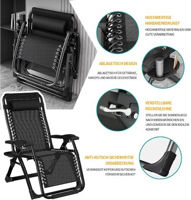 Розкладний шезлонг для відпочинку: зручний садовий стілець з регульованою спинкою, чорний (72 см)