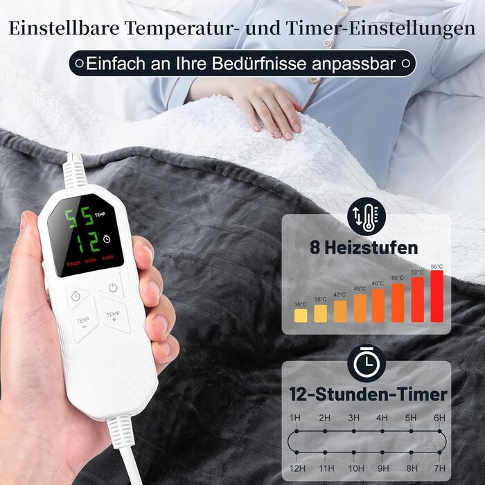 Електрична гріюча ковдра з таймером та захистом від перегріву 130x180 см, 8 режимів нагріву, пральна машина, фланцель-шерпа, сіра для дому та офісу