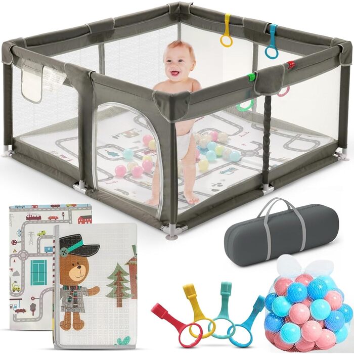 Дитячий манеж-ігровий центр з матрацом, басейн з кульками (50 кульок у комплекті) та 4 ручками для тримання. Розмір 124x124 см, дихаюча сітка, матеріал 210D Oxford, колір темно-сірий.